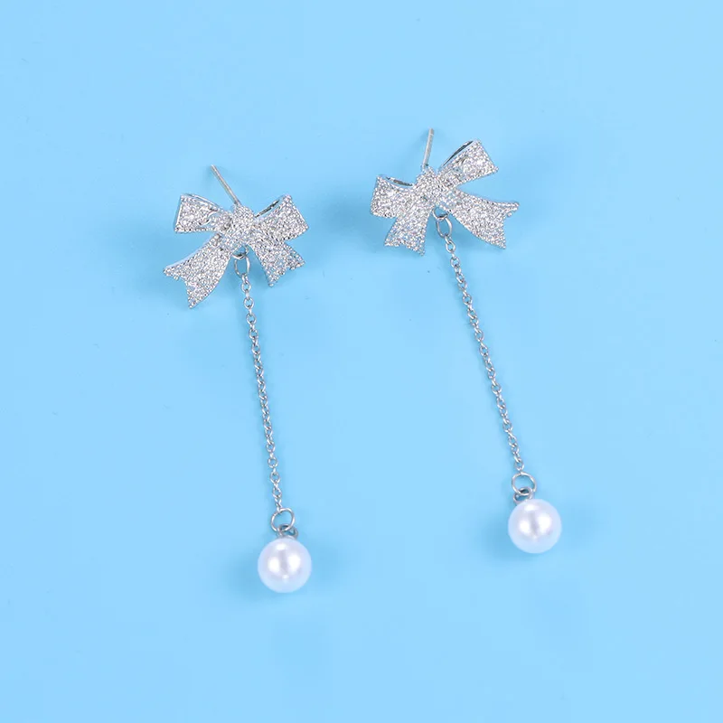 

WEIMANJINGDIAN New Arrival Cubic Zirconia CZ Crystal Dangle and Chandelier Bow Earrings for Women in White Gold Color