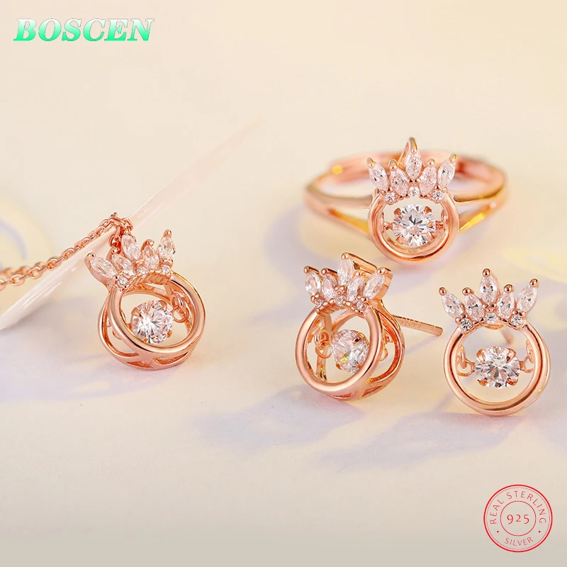 

BOSCEN Zircon 925 Sterling Silver Fine Jewelry set For Women Rose Gold Girl Birthday Gift Korean Japanese 2019 Beating Crown