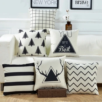 

Black White Cushion Cover Geometry Pillow Cover Nordic Style Cotton Linen Pillowcase Tree Deer Printed Decoration Throw Pillows