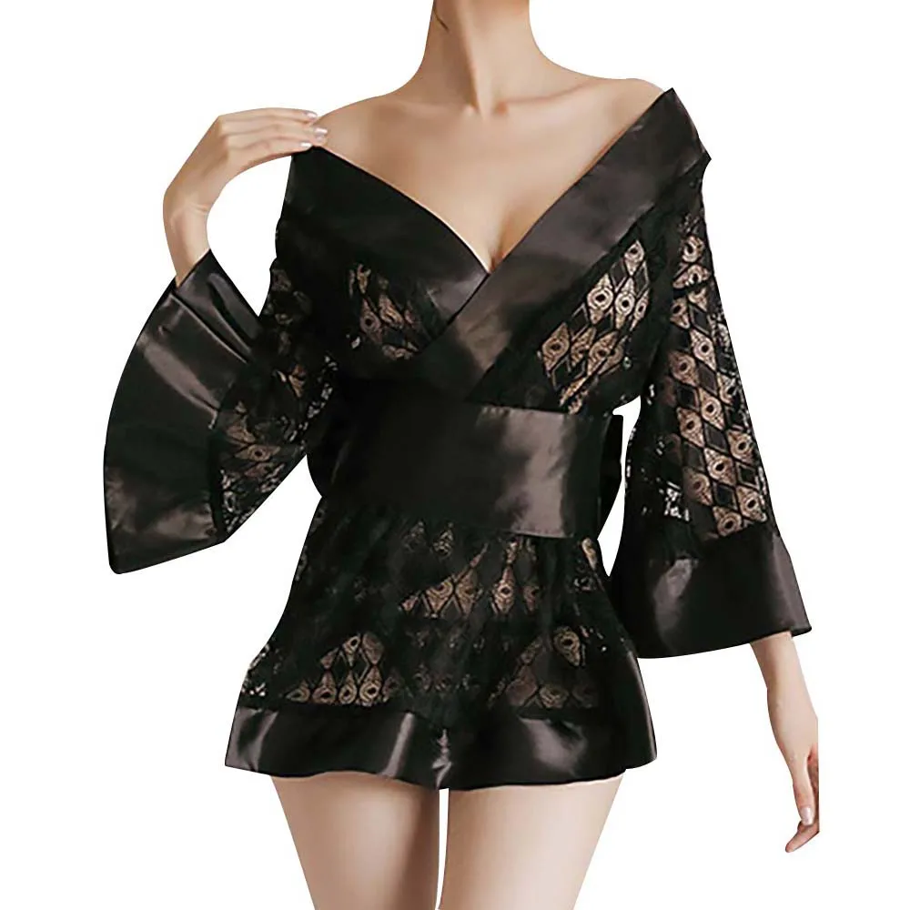 

Women's Black Kimono Robe Babydoll Lingerie See Through Diamond Rhombus Mini Length Sexy Sleepwear Night Wear Cover Up S-L