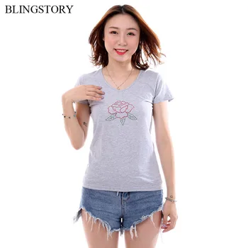 

BLINGSTORY Short Sleeve V Neck Summer Tops for Women Flower Diamond T Shirt Plus Size 6XL