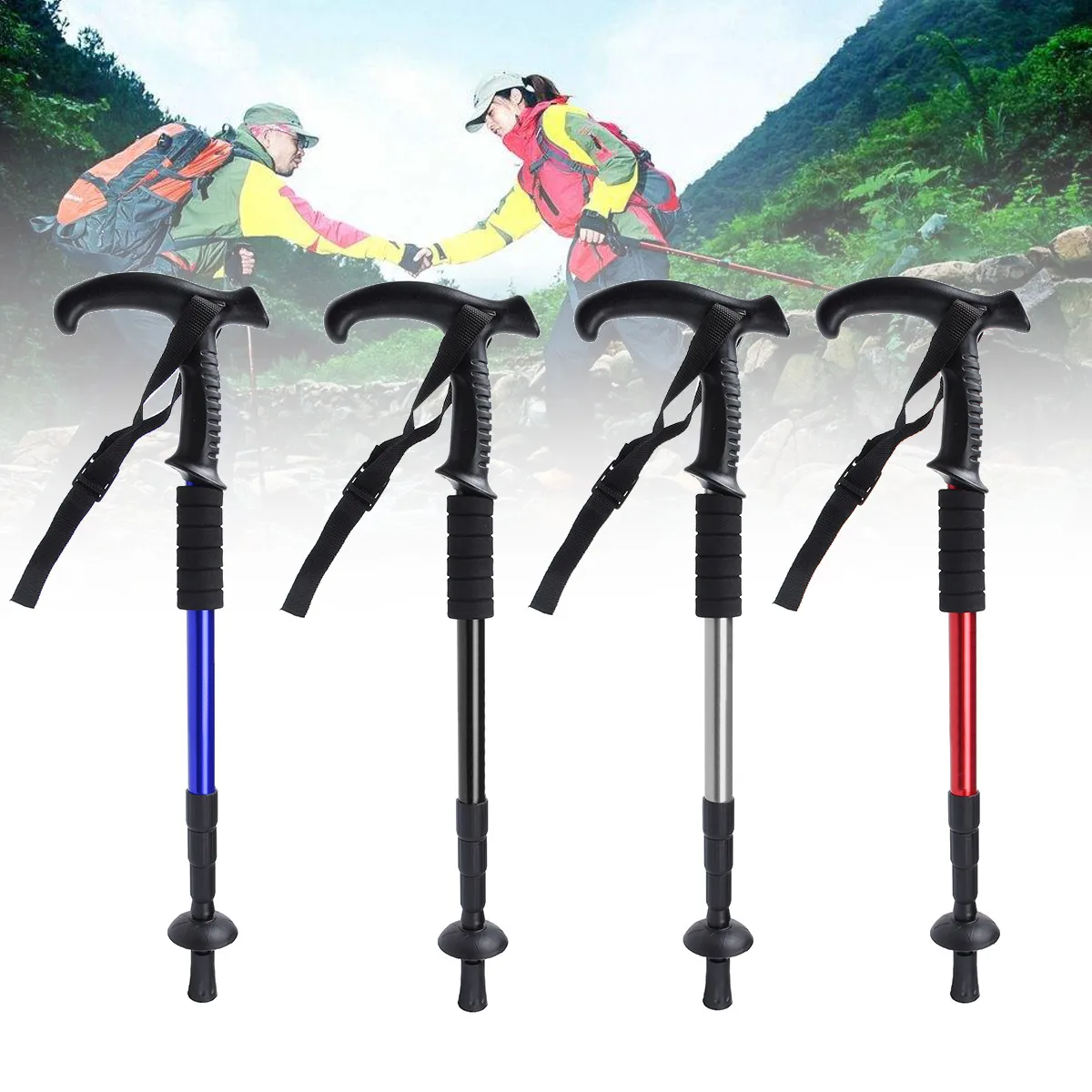 

T-handle Walking Stick Telescopic Baton Hiking Trekking Poles Folding Cane Crutches Old Man Non Slip Rubber Cane 4 Colors