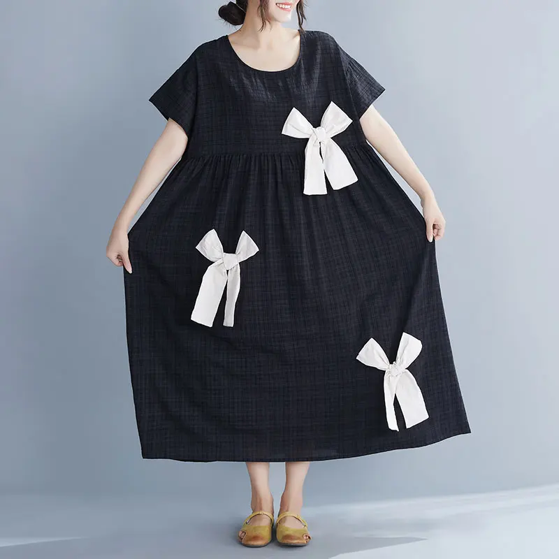 DIMANAF Plus Size Women Dress Summer Bowknot Cotton Linen Fashion Lady Vestidos Female Clothing Loose Casual Style Dress Black