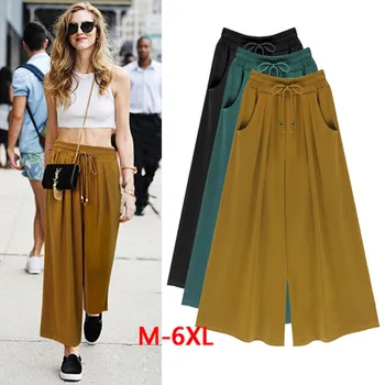 

Women's Pants 2019 Summer Elastic High Waist Drawstring Ankle Length Wide Leg Pants Plus Size Loose Trousers For Women