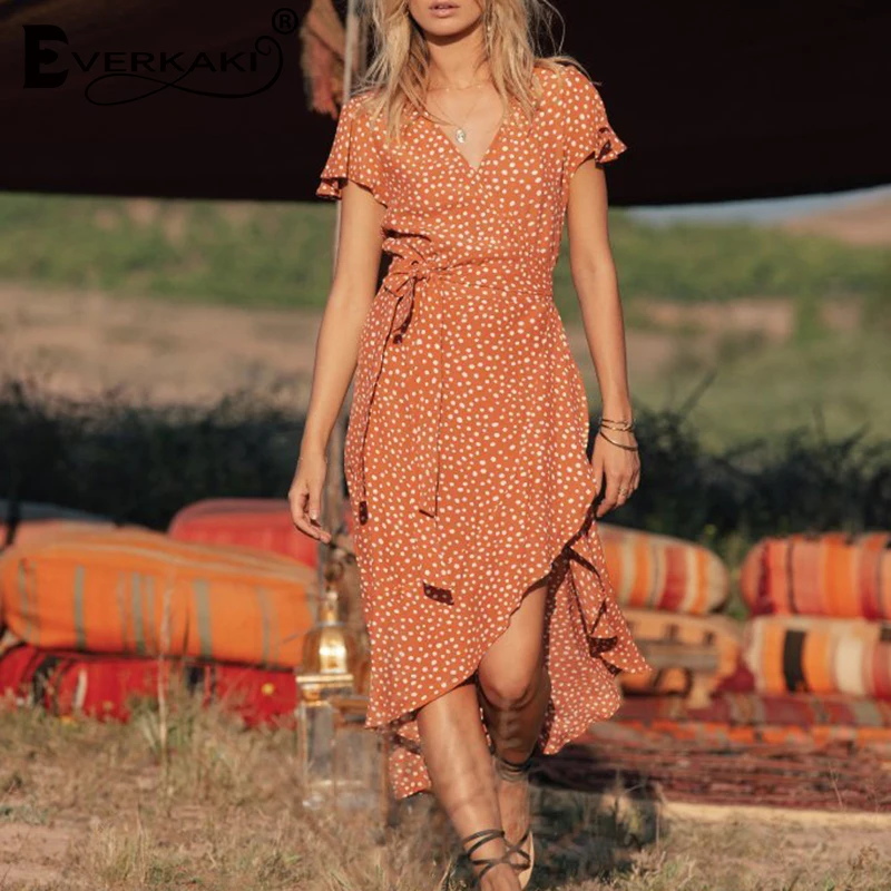 

Everkaki Boho Dress Women Dot Print Sashes V-neck Short Sleeve Front Short Back Long Plus Size Long Dress Summer Dresses 2019