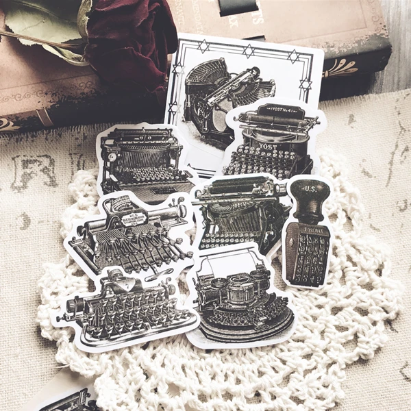 

8pcs/pack Vintage Typewriter material retro black Decorative Sticker DIY Scrapbooking photo Label Diary Album Sticker Escolar