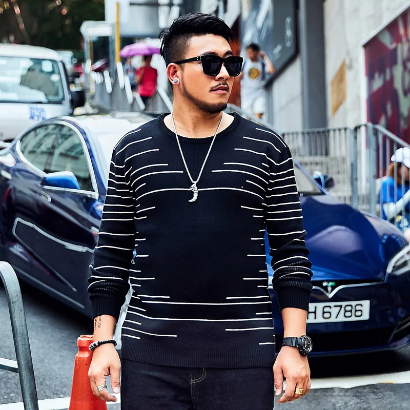 #Special Offers 2019 tide brand Large size 6XL 7XL Men's Sweater Autumn striped contrast pattern Loose Sweater Men's Casual Black Pullover