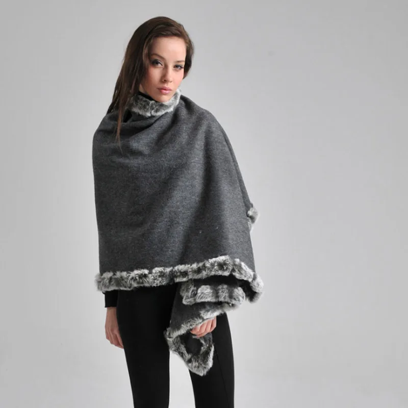 

Dark Gray 100% Wool Rabbit Fur Scarf Shawls Korean Style Lady Fashion Wrap Vintage Pashmina Poncho 180*70cm 011605