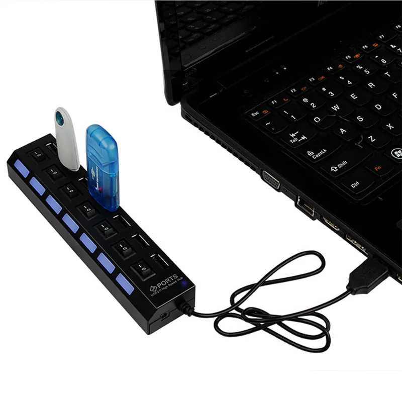 BinFul 7 Ports High Speed USB Hub 480 Mbps USB 2.0 Hub On/Off Switch Hub Splitter For PC Laptop Computer Peripherals Accessories