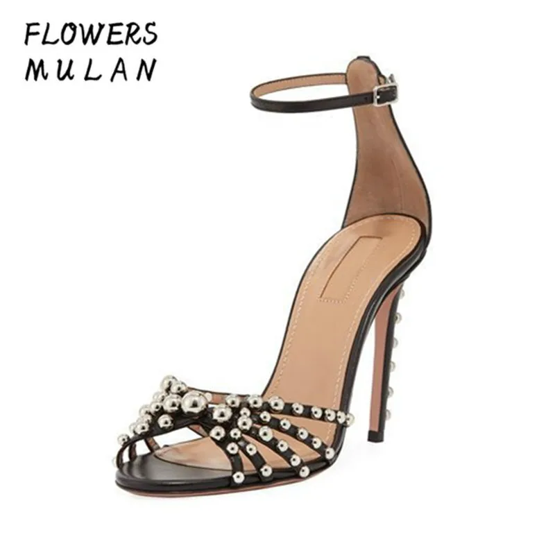 

Soft Leather Strappy Stiletto Heels Studded Women Gladiator Sandals Open Toe Ankle Wrap High Heels Party Wedding Women Shoes