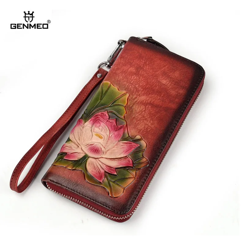 

GENMEO New Genuine Leather 3D Lotus Pattern Wallet Women Cowhide Clutch Bag Vintage Red Female Coin Purse Bolsa Feminina