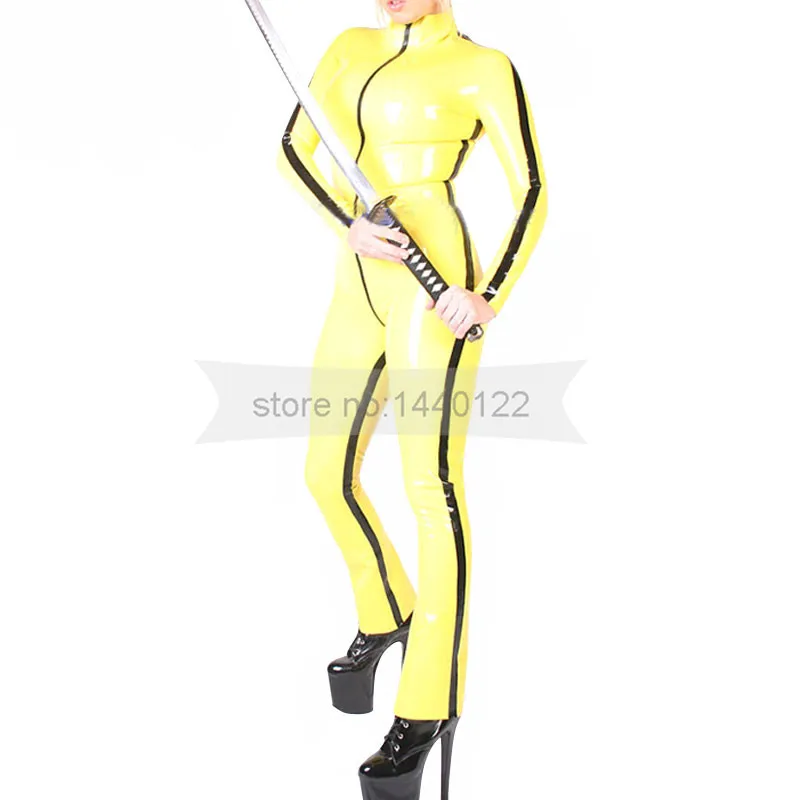 

Yellow and Black Trims Female Rubber Latex Catsuit Nightclub Cosplay Tights Bodysuit with Front Zip Customized Handmade BNLC254