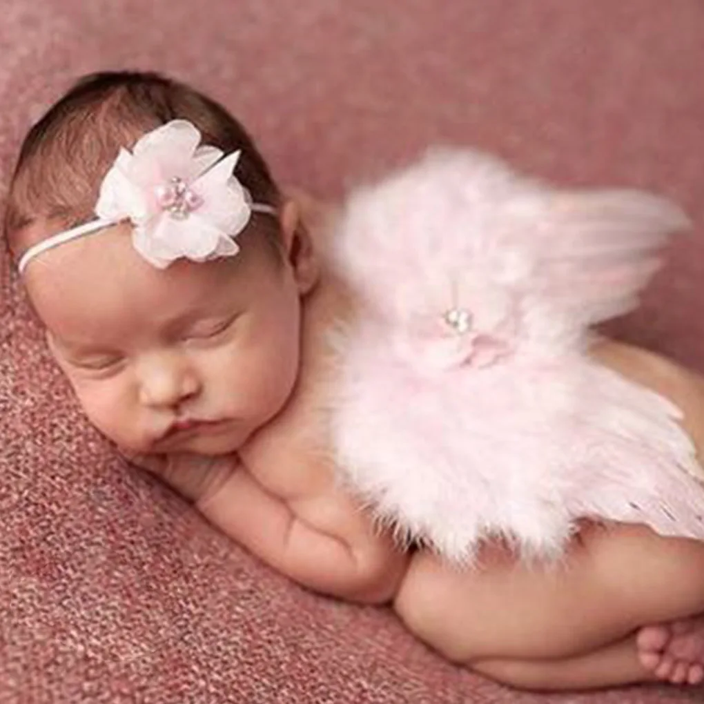 Новорожденный сплошной цвет угол крылья из перьев и цветок повязка на голову фотография костюм для фотосессии детская одежда, для грудных детей