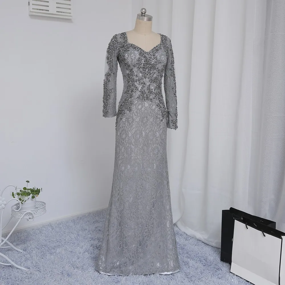 Mermaid V-Neck Long Sleeves Silver Lace Beaded Mother Of The Bride Dress in Mother of the Bride Dresses