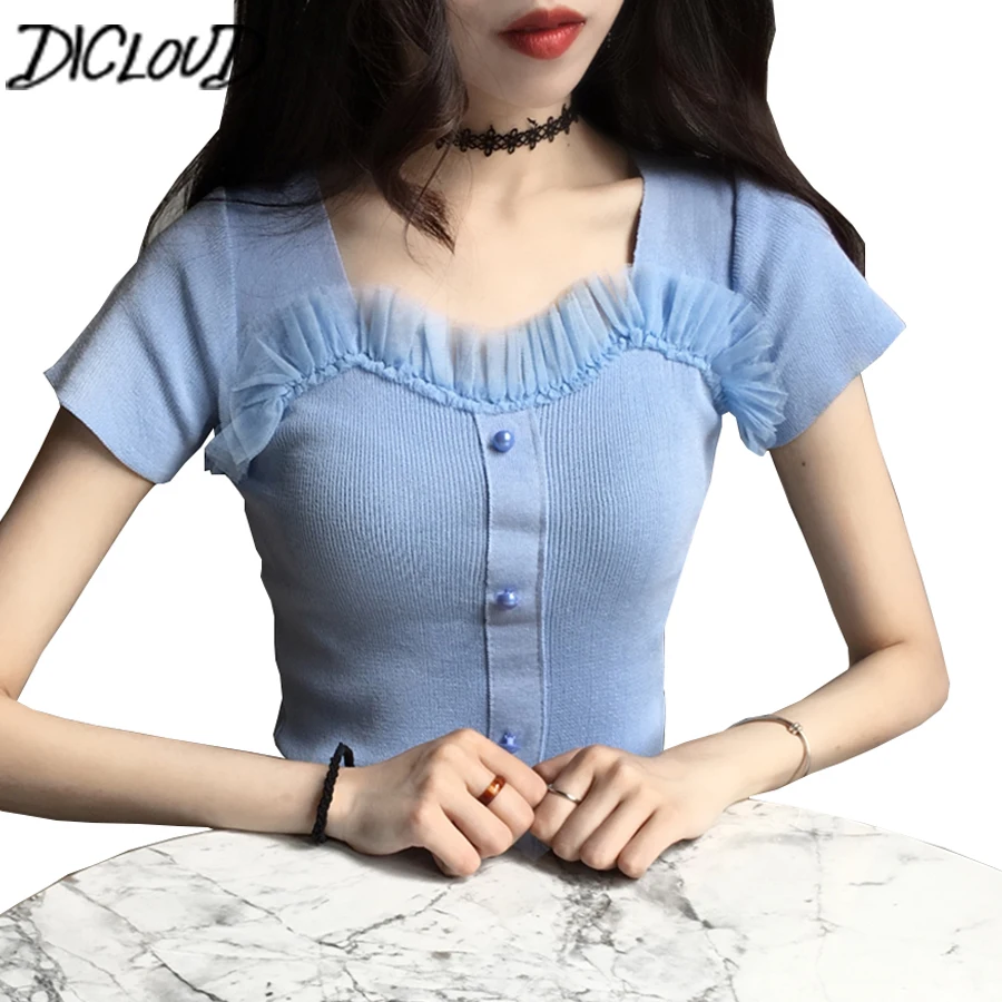 

DICLOUD Retro knitted summer t-shirt women 2018 mesh gauze button elastic sweet shirt Female Elasticity Casual Tees clothes
