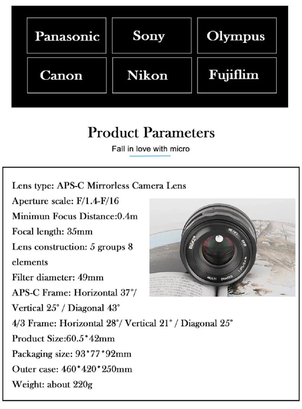 Meike 35 мм f1.4 объектив с ручным фокусом APS-C для sony E Mount/для M4/3/для Nikon беззеркальная камера A7 A7II A7III A6000 A6500 A6600