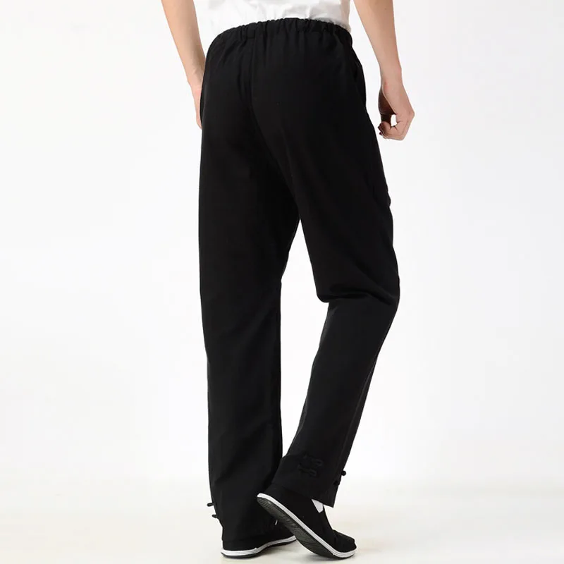 Китайские Кунг-фу обёртки для ног размера плюс 4XL, мужские Длинные повседневные хлопковые черные штаны с эластичной резинкой на талии
