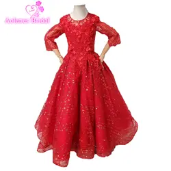 Красные Винтажные Платья с цветочным узором для девочек на свадьбу, бальное платье с рукавами, украшенное бисером, платья для первого