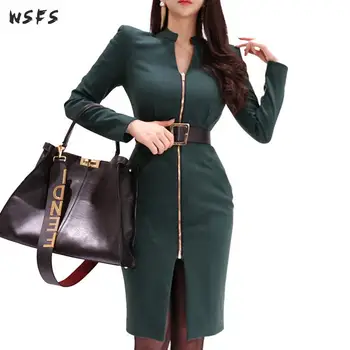 

Spring Midi Dresses Green Stand Long Sleeve Womens Dress 2019 Elegant Office Ladies Sexy Party Bandage Bodycon Pencil Wrap Dress