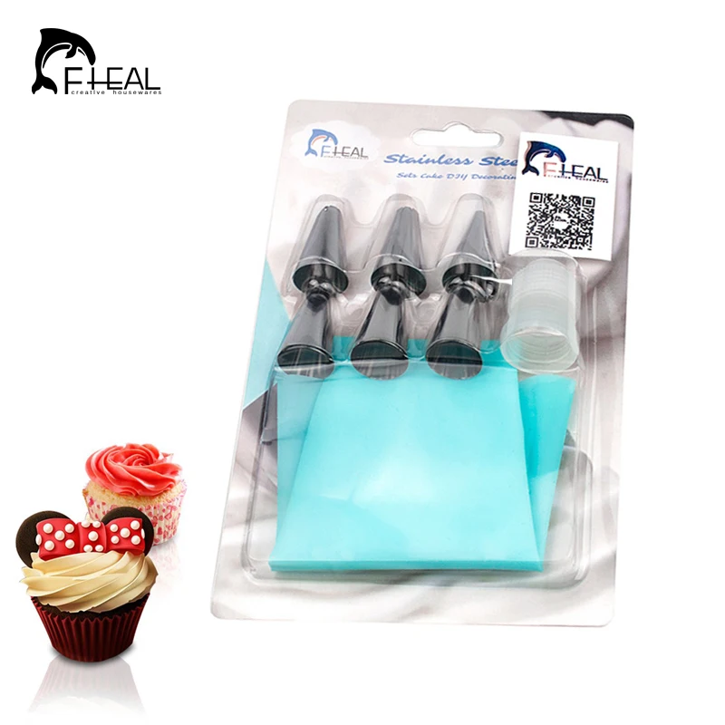 FHEAL Silicone Icing Piping Cream Pastry Bag with 6pcs Stainless Steel Nozzle Sets Cake DIY Decorating Baking Tool Bakeware