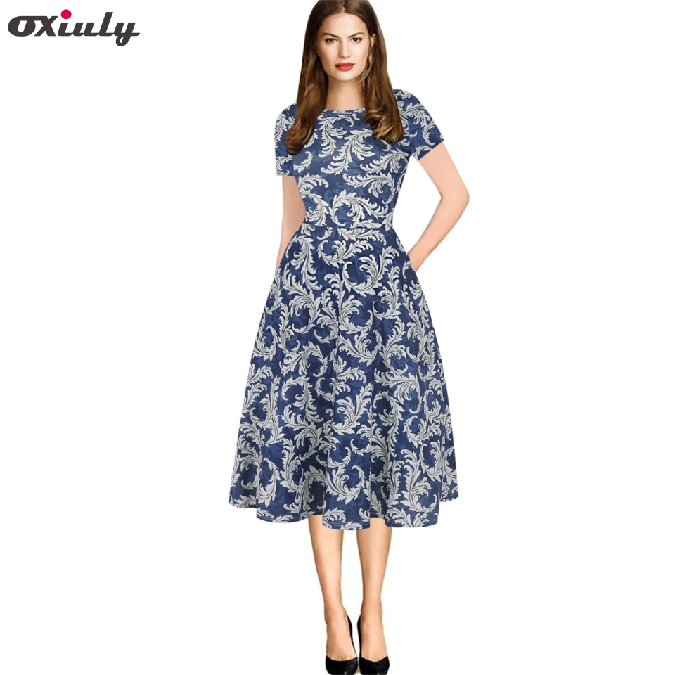 

Oxiuly Blue White Porcelain Print Dress Vintage Pocket Tunic Loose Office Ladies Work Wear Round Neck Short Sleeve A-Line Dress