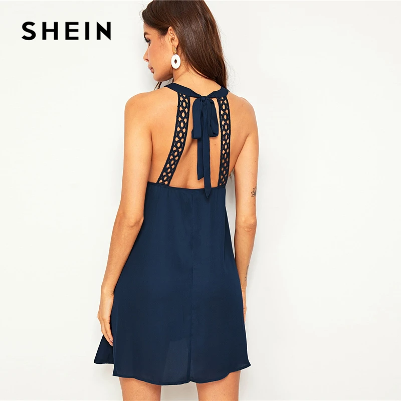 

SHEIN Navy Tie Back Guipure Lace Trim Halter Summer Short Dress 2019 Women Sleeveless Solid A Line Shift Sexy Party Dresses