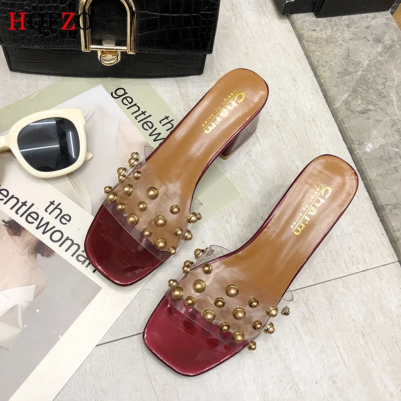 

HQFZO Fashion Transparent PVC Summer Slides Block Heels Sexy String Bead Woman Sandals Platform Lady Slippers 2019 new/6cm
