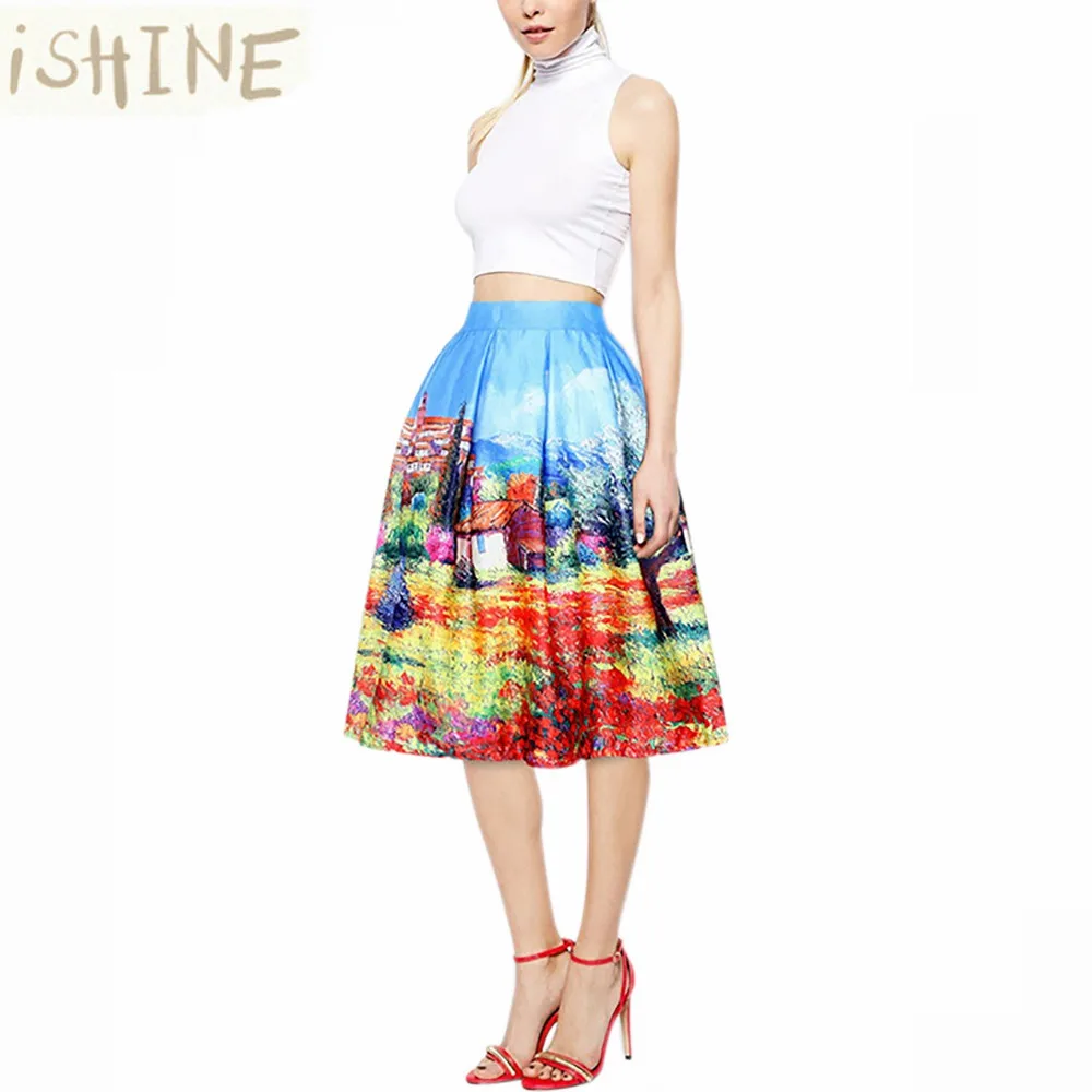 ISHINE 2017 New Summer Floral Print Vintage Pleated Skater Midi Skirt