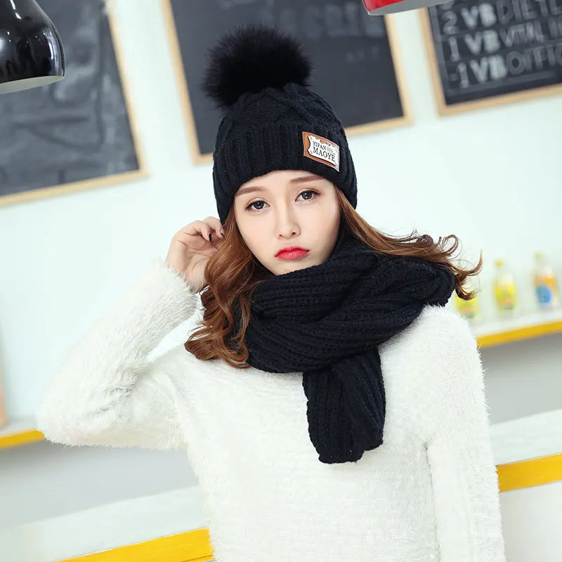 

New Brand Big Real Fur Pom Poms Ball Winter Knitted Hats Scarf Hat Set Women Winter Beanie Hat Thick Hat Female Cap Girl Warm