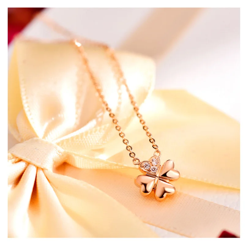 18k Gold Diamond Necklace Pendant Female Women Girl Miss Gift Chain Charm Clover Trendy Party Rose White Yellow drop shipping