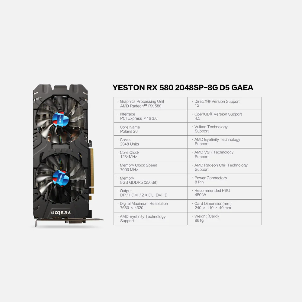 Yeston Radeon Rx580 2048 Sp-8G Gddr5 Pci Express X16 3,0 видеоигровая видеокарта внешняя видеокарта для рабочего стола