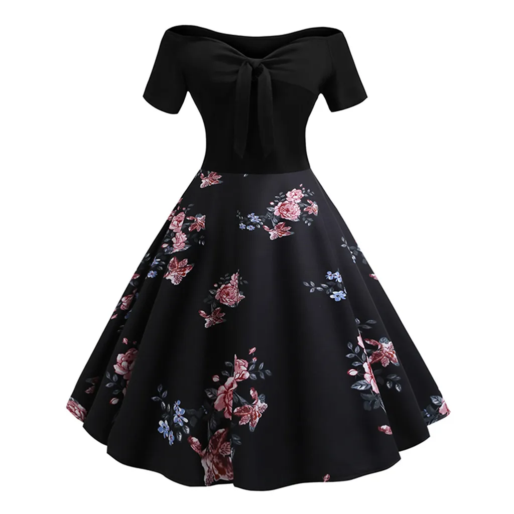 Летнее вечернее платье женское винтажное платье с цветочным принтом и открытыми плечами женская одежда вечерние платья - Цвет: Черный