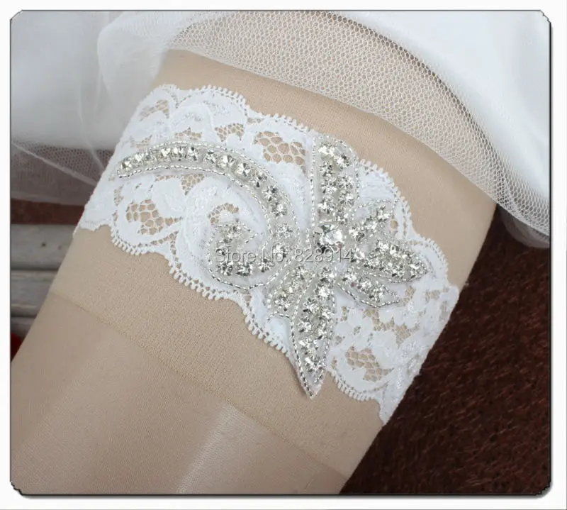 Original Design White Lace Bridal Garter Made of Rhinestoens Beaded