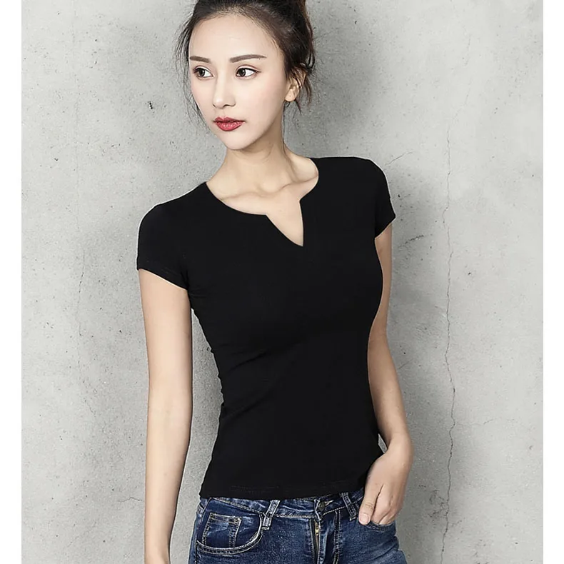 96% Cotton Women T-shirt v-neck Short Sleeve women shirt All match Lady Top Black White Gray Yellow Shir