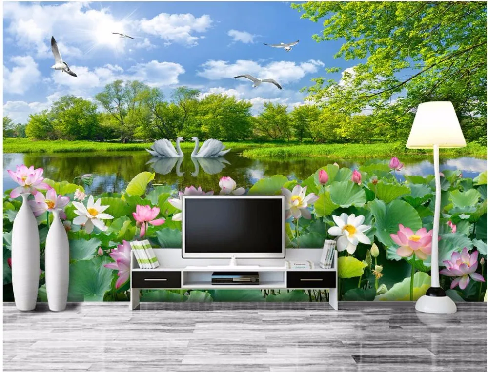 

Custom photo 3d room wallpaper Romantic swan lake lotus pond scenery living room painting 3d wall murals wallpaper for walls 3 d