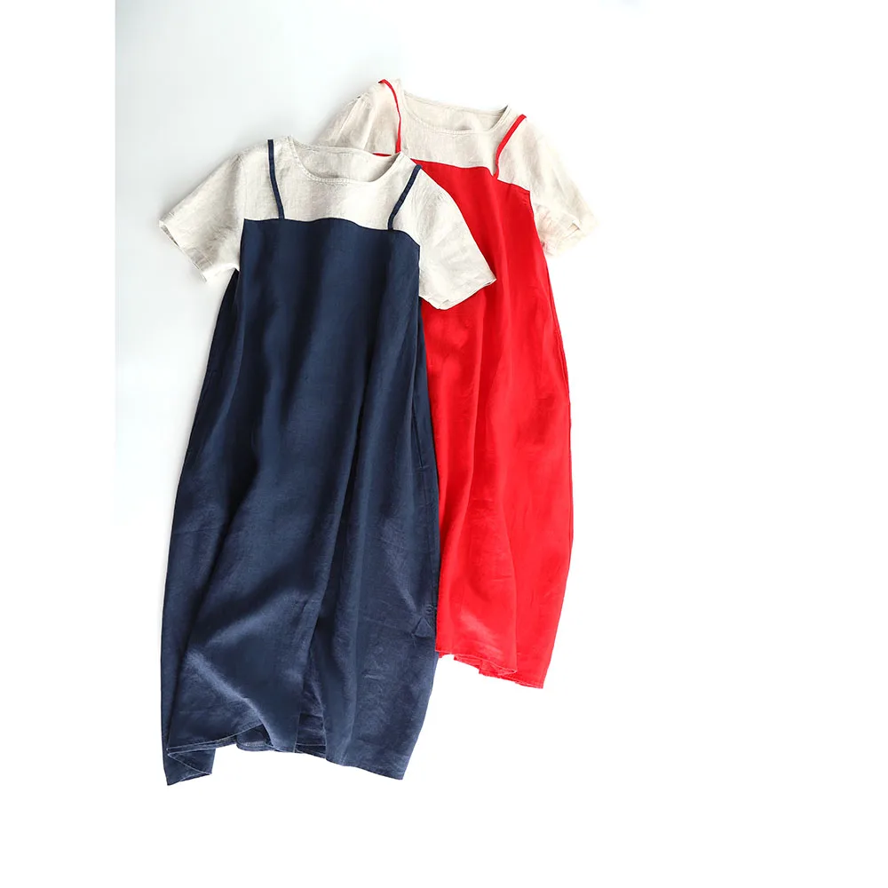 

Spring Summer Women Loose Plus Size Brief Japanese Style Faux Twinset Comfortable Water Washed Linen Dresses