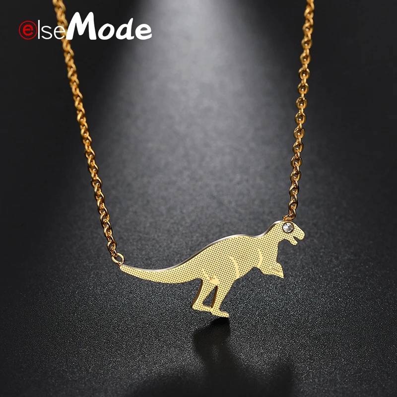 

ELSEMODE Gold Stainless Steel Dinosaur Women Necklace Cubic Zirconia Tyrannosaurus Animal Pendant Necklace for Men jewelry