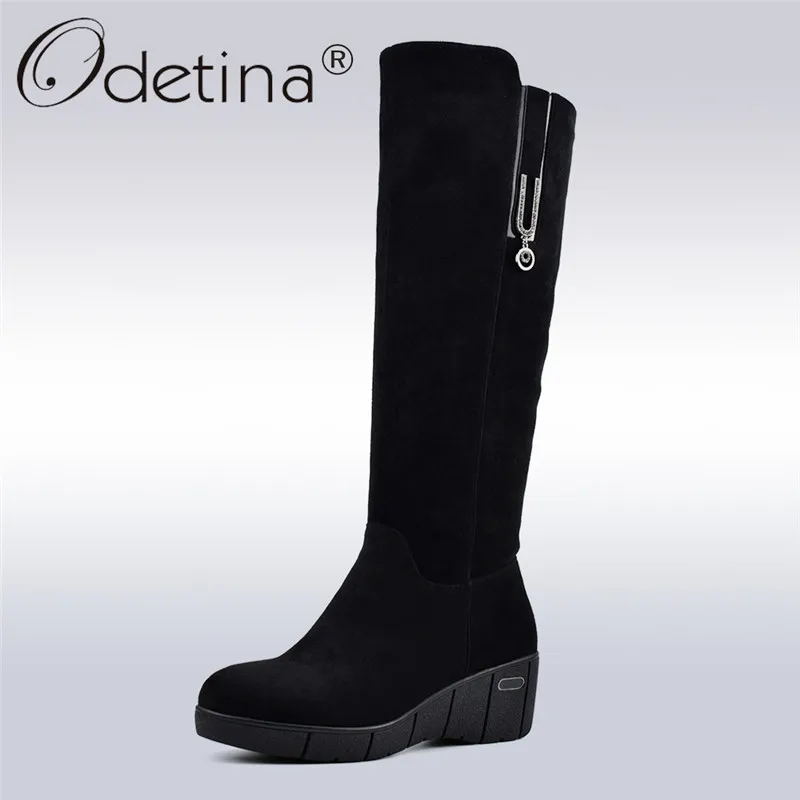 

Odetina New Fashion Black Knee High Boots Women Wedge High Heel Half Boots Platform Thick Plush Warm Winter Shoes With Crystal