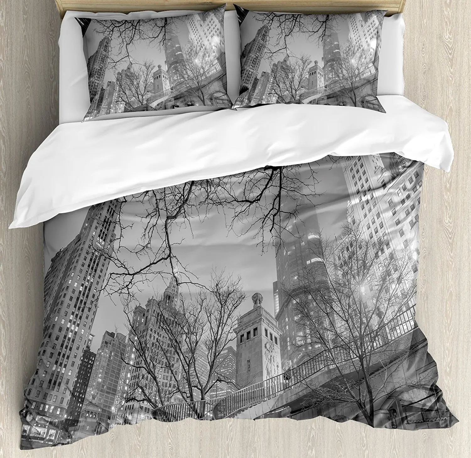 

Black White Decorations Duvet Cover Set Chicago Downtown Night Highrise Buildings Tree Branches Decorative 4 Piece Bedding Set