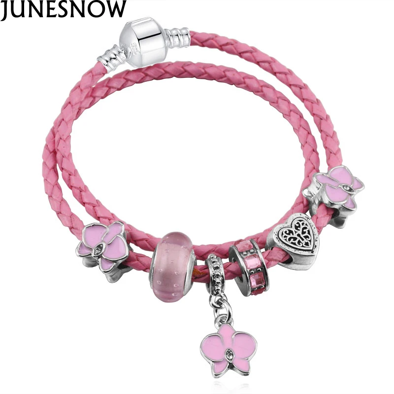 

DIY Luxury Brand Pink Crystal Beads Charm Leather Bracelet For Women Fit Brand Bracelet European Jewelry