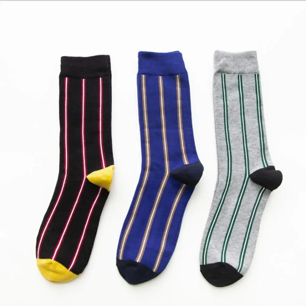

Fall Winter Men Crew Socks Cotton in Japan Vintage Style with Stripes Print Men Dress Socks in Black Blue Long socks for Men