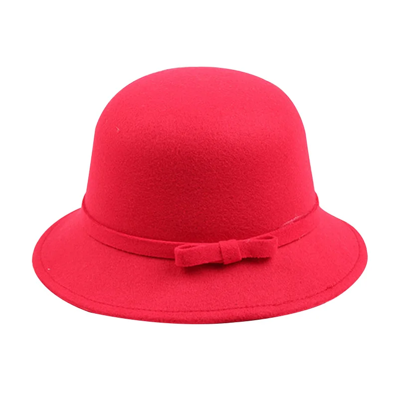 New Solid Fedoras For Girls Kids Beanie Hats With Bow Cute Children Wool Fedoras Hat 2017Autumn Winter Lovely Girls Accessories (9)