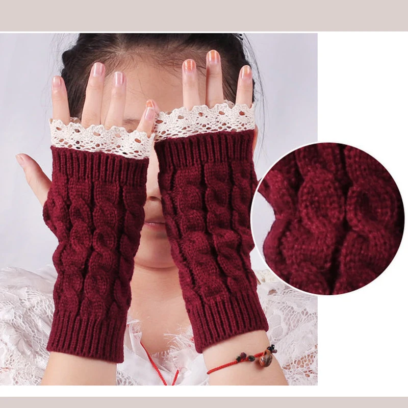 

Fashioin Female Gloves Autumn Winter Warm Knitting Mittens For Women Striped Solid White Lace Stretch Knit Gloves Fingerlings