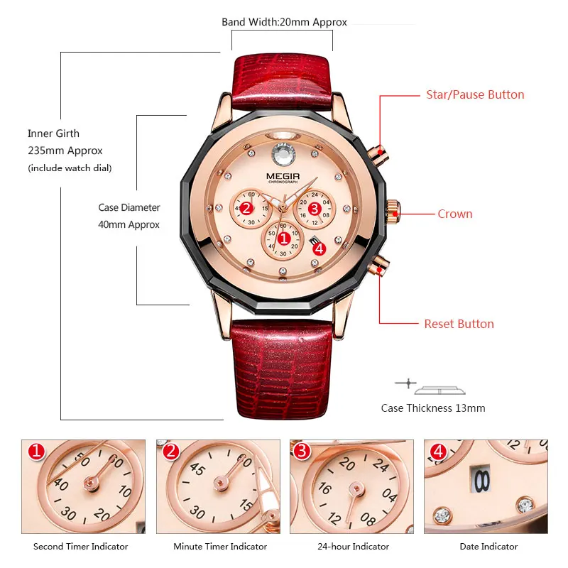 Women's 24 Hour Chronograph Quartz Wrist Watches Red Leather Strap Stop Watch for Lady Girl Friend Relogios Femininos 2042Red Women's 24 Hour Chronograph Quartz Wrist Watches Red Leather Strap Stop Watch for Lady Girl Friend Relogios Femininos 2042Red