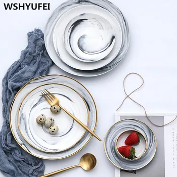 

Best Gold Marble Glazes Ceramic Party Tableware Set Porcelain Breakfast Plates Dishes Noodle Bowl jewelry ceramic plate