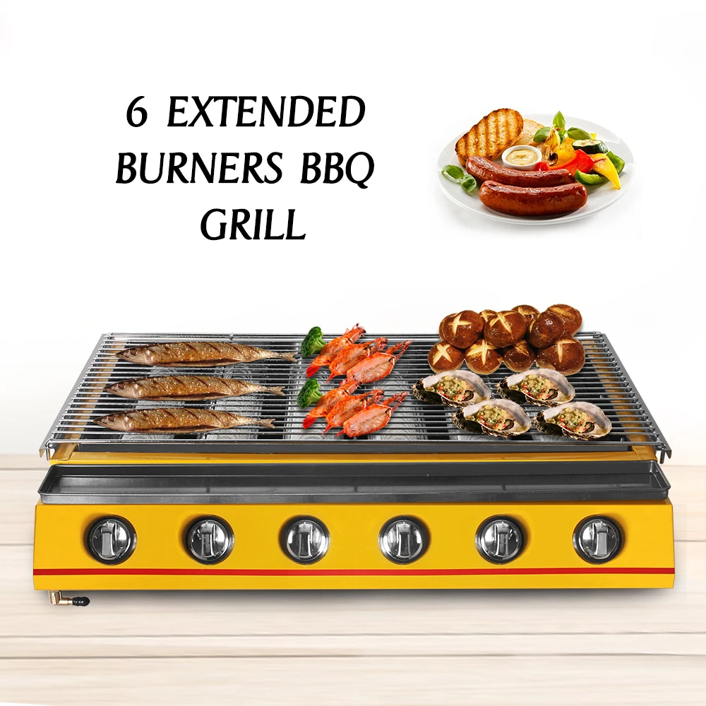 GZZT Big BBQ Grill 6 Burners Yellow Glass Shield Heat Fast Easy to Clean Infrared Burner Grills For Outdoor Picnic 810*580*170mm