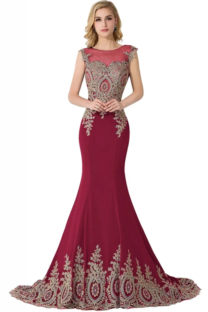 Xunbei Выпускные платья Русалка длинное платье выпускного вечера Золотое кружево Аппликация vestidos de gala - Цвет: Burgundy