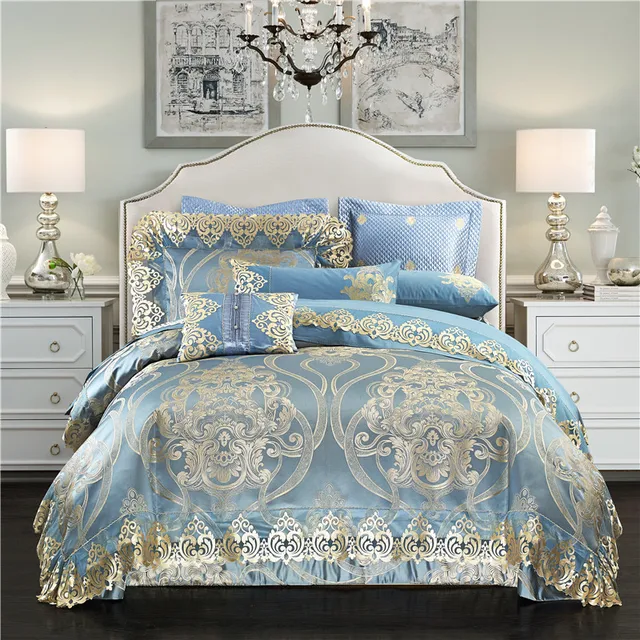 Silk Satin Cotton Jacquard Luxury Royal Bedding Set Queen King Size Silk Satin Cotton Jacquard Luxury Royal Bedding Set Queen King Size Golden Blue Bed Sheet