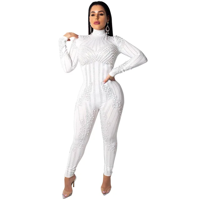 Women Sexy See Through Mesh Jumpsuit Long Sleeves with Bead Glitter