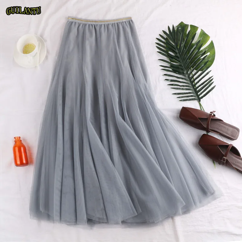 Модная плиссированная фатиновая юбка с вырезами, Женская Повседневная Длинная юбка с высокой талией, цвет черный, розовый, серый, Корейская летняя Юбка-миди, уличная одежда